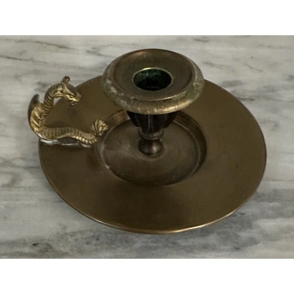 Vintage Brass Dragon Handle Candlestick Candle Holder Chamberstick